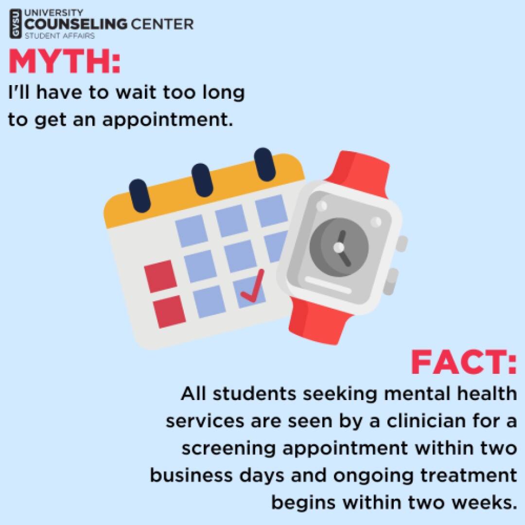 A calendar and smartwatch illustrate a counseling myth debunked. Text clarifies students get mental health screenings within two business days.